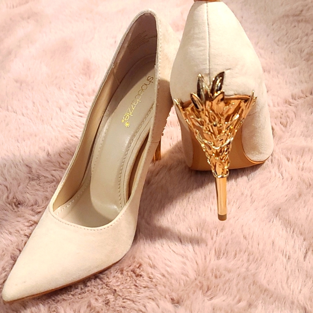 Beige Shoedazzle heels, size 10 with Gold detailing on heel